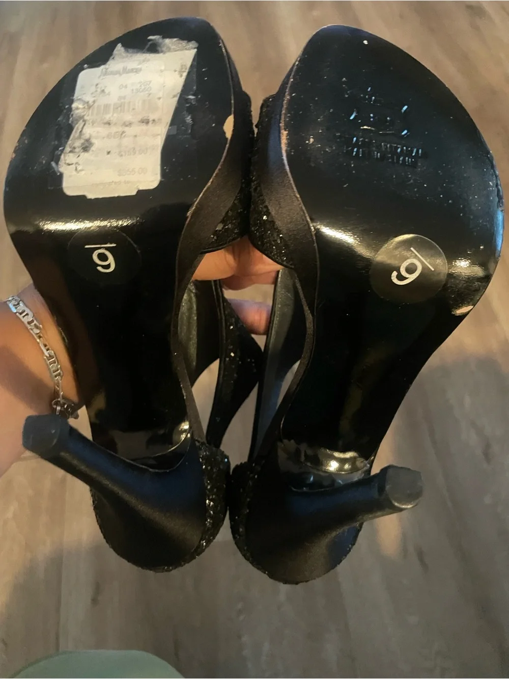 Stuart Weitzman Black Glitter T-Strap Heels Size 6